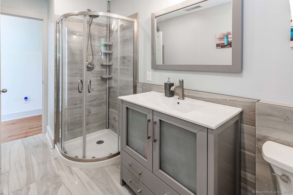 Bathroom, Glass Shower, Interior, Marble, Wood Texture Flooring