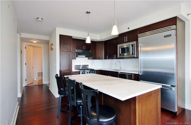 Interior, Kitchen, Pendant Lights, Stainless Steel Appliances, Wood Texture Flooring