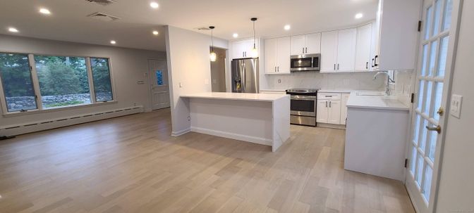 Interior, Kitchen, Pendant Lights, Recessed Lighting, Stainless Steel Appliances, Wood Texture Flooring
