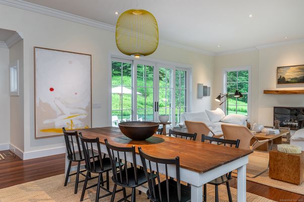 Dining room, Interior, Living room, Recessed Lighting, Wood Texture Flooring