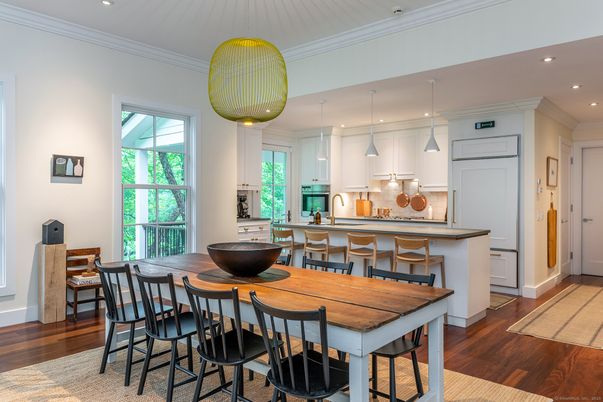 Dining room, Interior, Kitchen, Pendant Lights, Recessed Lighting, Wood Texture Flooring