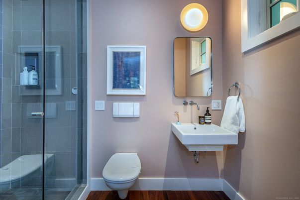 Bathroom, Glass Shower, Interior, Wood Texture Flooring