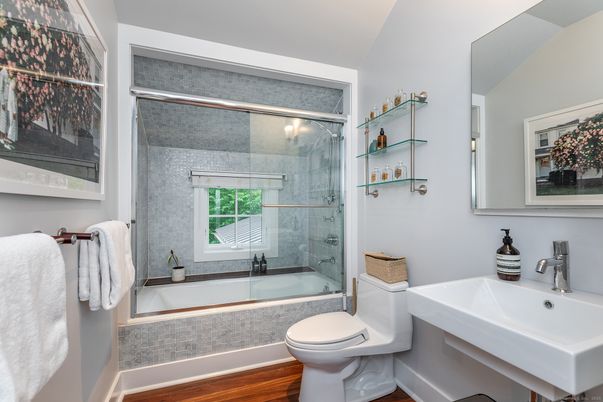 Bathroom, Glass Shower, Interior, Wood Texture Flooring