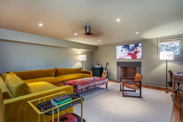Fireplace, Home Office, Interior, Living room, Recessed Lighting, Wood Texture Flooring