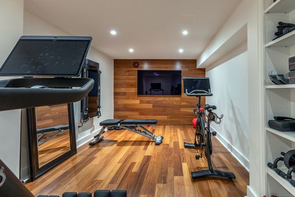 Fitness Equipment, Interior, Recessed Lighting, Wood Texture Flooring, Wooden Walls