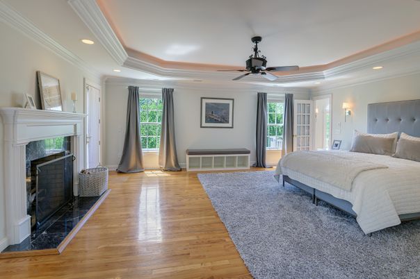 Bedroom, Fireplace, Interior, Recessed Lighting, Wood Texture Flooring