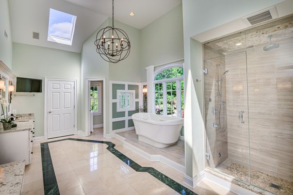 Bathroom, Chandelier, Free Standing Baths, Glass Shower, Interior, Recessed Lighting