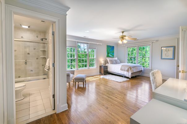 Bathroom, Bedroom, Glass Shower, Interior, Recessed Lighting, Wood Texture Flooring