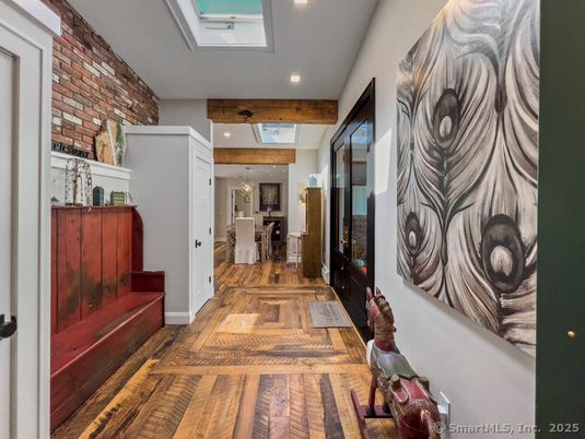 Chandelier, Dining room, Interior, Recessed Lighting, Stone Walls, Wood Texture Flooring
