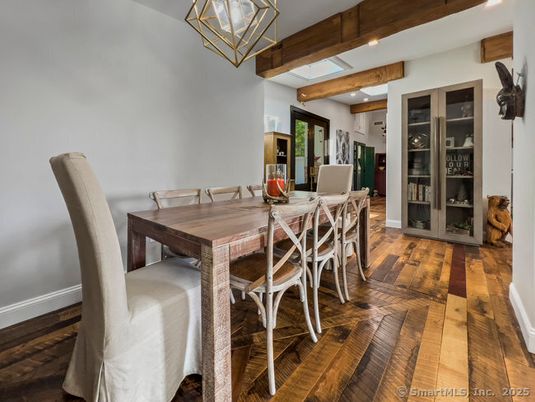 Dining room, Interior, Recessed Lighting, Wooden Beams, Wood Texture Flooring