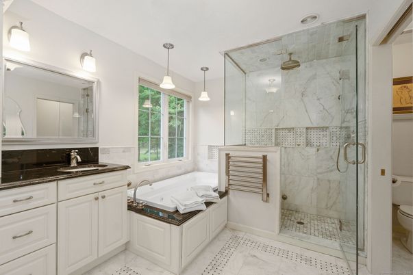 Bathroom, Glass Shower, Interior, Marble, Marble Walls, Pendant Lights