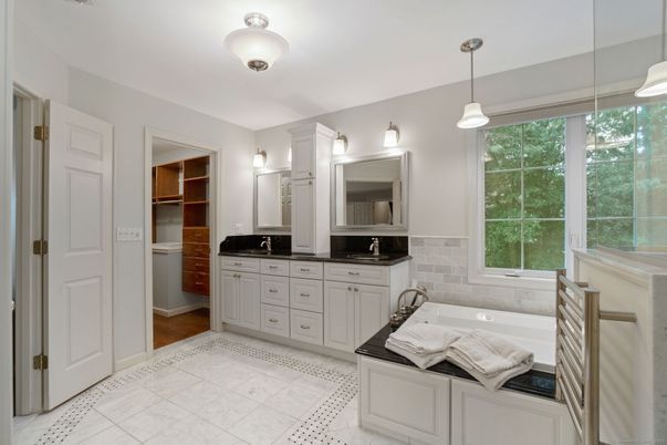 Bathroom, Dual Sink Vanities, Interior, Pendant Lights, Wood Texture Flooring