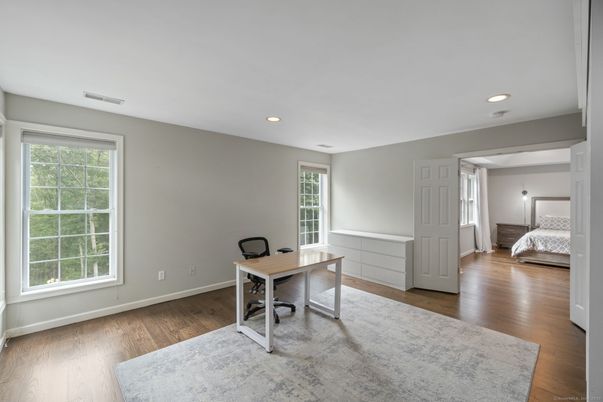 Bedroom, Home Office, Interior, Recessed Lighting, Wood Texture Flooring