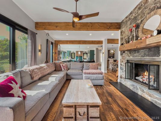 Fireplace, Interior, Kitchen, Living room, Pendant Lights, Recessed Lighting, Stone Walls, Wooden Beams, Wood Texture Flooring