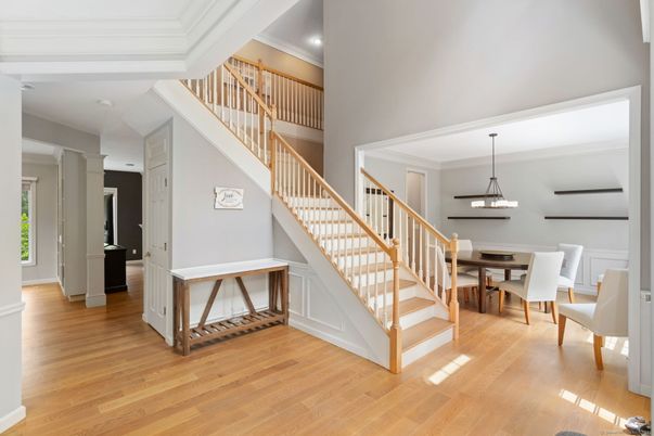 Dining room, Interior, Pendant Lights, Recessed Lighting, Wood Texture Flooring