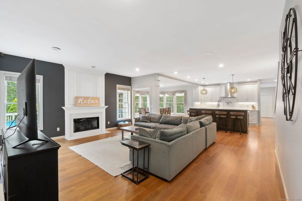 Fireplace, Interior, Kitchen, Living room, Pendant Lights, Recessed Lighting, Wood Texture Flooring