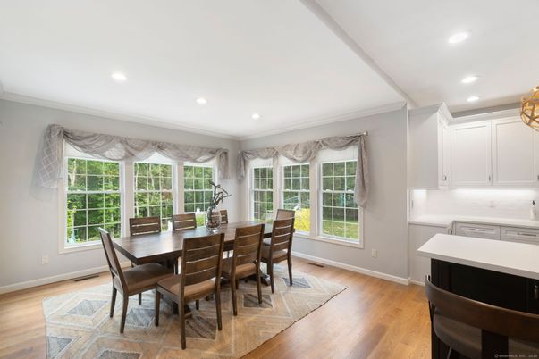 Dining room, Interior, Recessed Lighting, Wood Texture Flooring