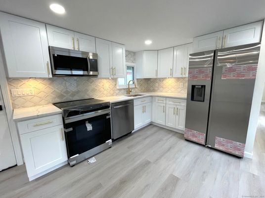 Interior, Kitchen, Recessed Lighting, Stainless Steel Appliances, Wood Texture Flooring