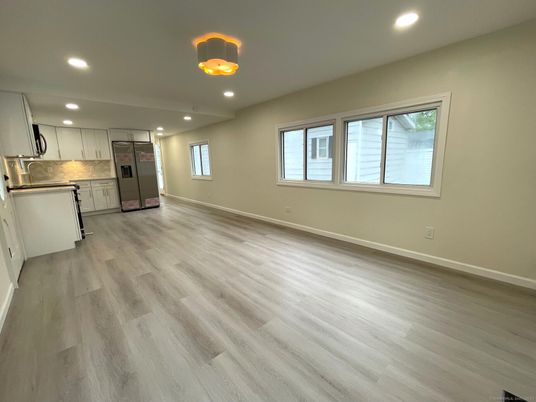 Empty room, Interior, Kitchen, Recessed Lighting, Wood Texture Flooring