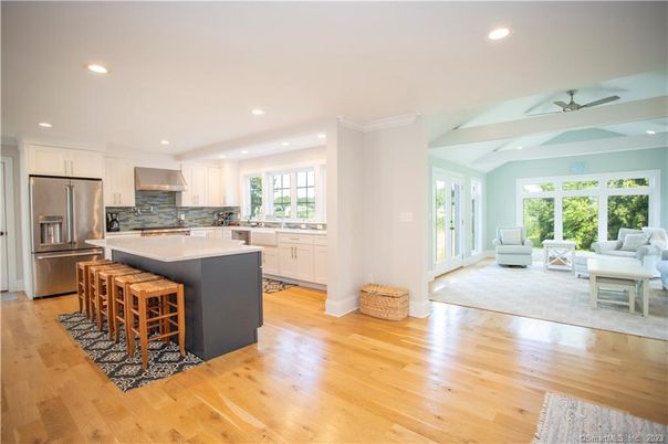 Interior, Kitchen, Living room, Recessed Lighting, Stainless Steel Appliances, Wood Texture Flooring