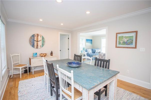Dining room, Interior, Recessed Lighting, Wood Texture Flooring
