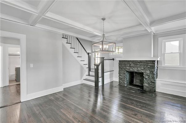 Empty room, Fireplace, Interior, Pendant Lights, Wood Texture Flooring