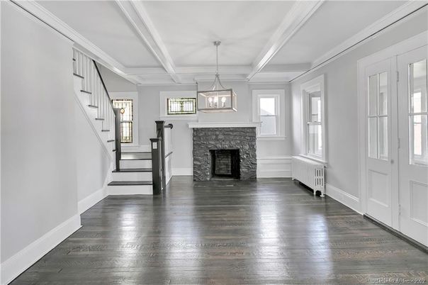 Fireplace, Interior, Pendant Lights, Wood Texture Flooring