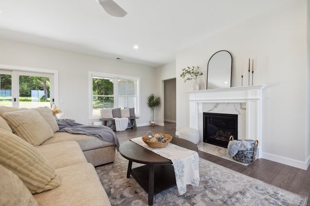 Fireplace, Interior, Living room, Recessed Lighting, Wood Texture Flooring