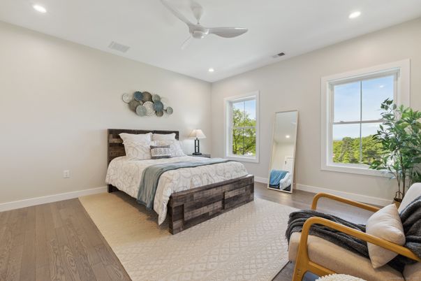 Bedroom, Interior, Recessed Lighting, Wood Texture Flooring