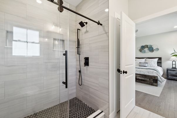 Bathroom, Bedroom, Glass Shower, Interior, Recessed Lighting, Wood Texture Flooring