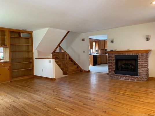 Empty room, Fireplace, Interior, Recessed Lighting, Wood Texture Flooring
