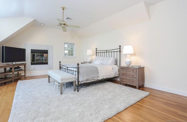 Bedroom, Fireplace, Interior, Wood Texture Flooring
