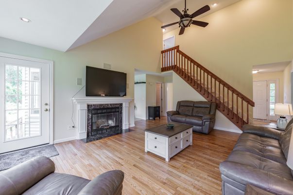 Fireplace, Interior, Living room, Recessed Lighting, Wood Texture Flooring