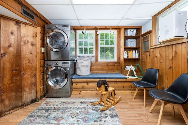 Interior, Washer, Wood Texture Flooring, Wooden Walls