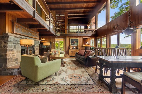 Dining room, Fireplace, Interior, Living room, Stone Walls, Wooden Beams, Wooden Ceilings, Wood Texture Flooring, Wooden Walls