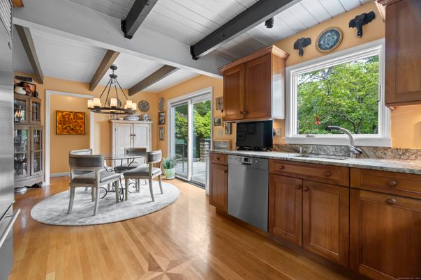 Chandelier, Dining room, Interior, Kitchen, Pendant Lights, Wooden Beams, Wood Texture Flooring