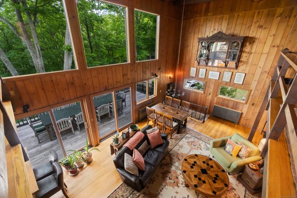 Dining room, Fireplace, Interior, Living room, Wood Texture Flooring, Wooden Walls