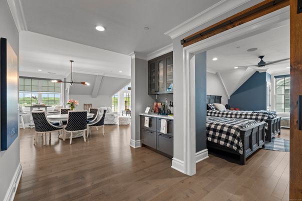 Bedroom, Dining room, Interior, Pendant Lights, Recessed Lighting, Wood Texture Flooring