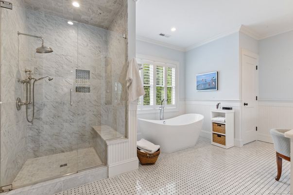 Bathroom, Free Standing Baths, Glass Shower, Interior, Marble Walls, Recessed Lighting