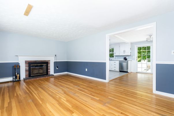 Empty room, Fireplace, Interior, Kitchen, Wood Texture Flooring