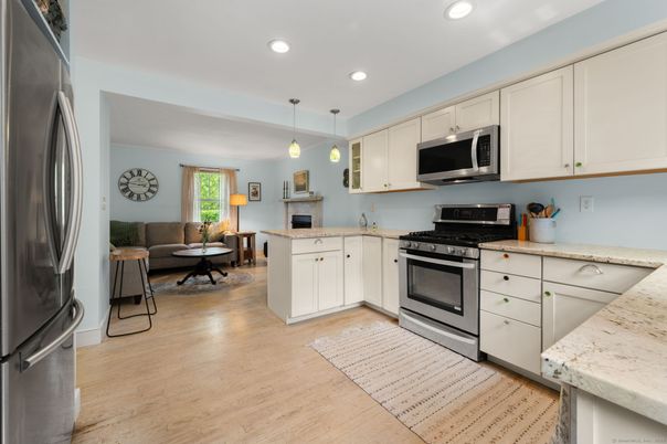Dining room, Interior, Kitchen, Recessed Lighting, Stainless Steel Appliances, Wood Texture Flooring