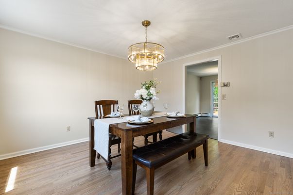 Chandelier, Dining room, Interior, Wood Texture Flooring