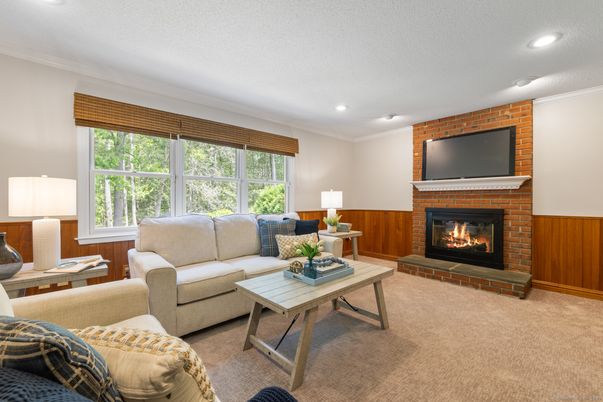 Fireplace, Interior, Living room, Recessed Lighting, Stone Walls