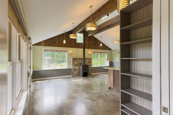 Fireplace, Interior, Pendant Lights, Wooden Beams