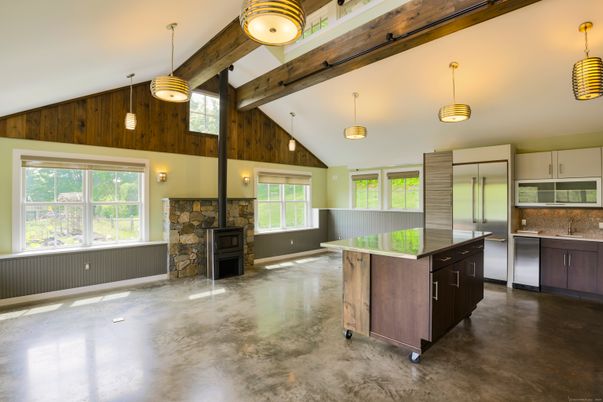 Fireplace, Interior, Kitchen, Pendant Lights, Wooden Beams