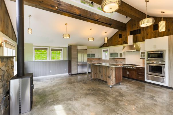 Interior, Kitchen, Pendant Lights, Stainless Steel Appliances, Wooden Beams