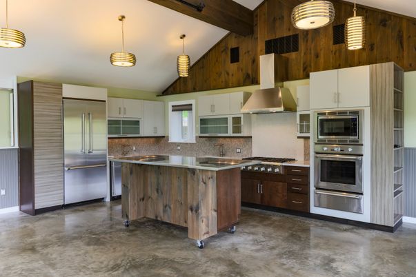 Interior, Kitchen, Pendant Lights, Stainless Steel Appliances, Wooden Beams