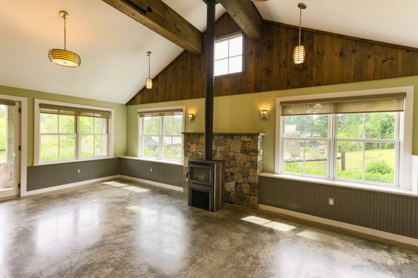 Empty room, Fireplace, Interior, Pendant Lights, Wooden Beams, Wooden Walls