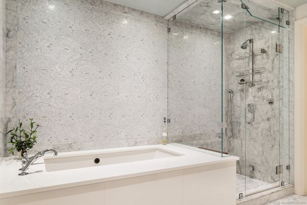 Bathroom, Glass Shower, Interior, Marble Walls, Recessed Lighting