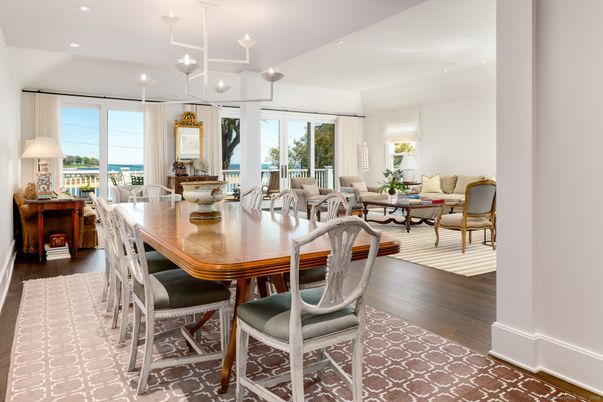 Dining room, Interior, Living room, Pendant Lights, Recessed Lighting, Water, Wood Texture Flooring
